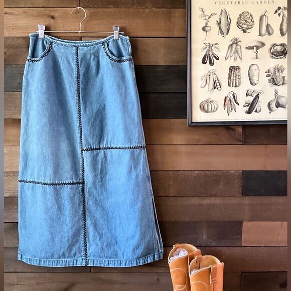 Vintage 90s Whipstitch Denim Midi Skirt Panel Stitch Detail Side Slit L - Picture 8 of 15